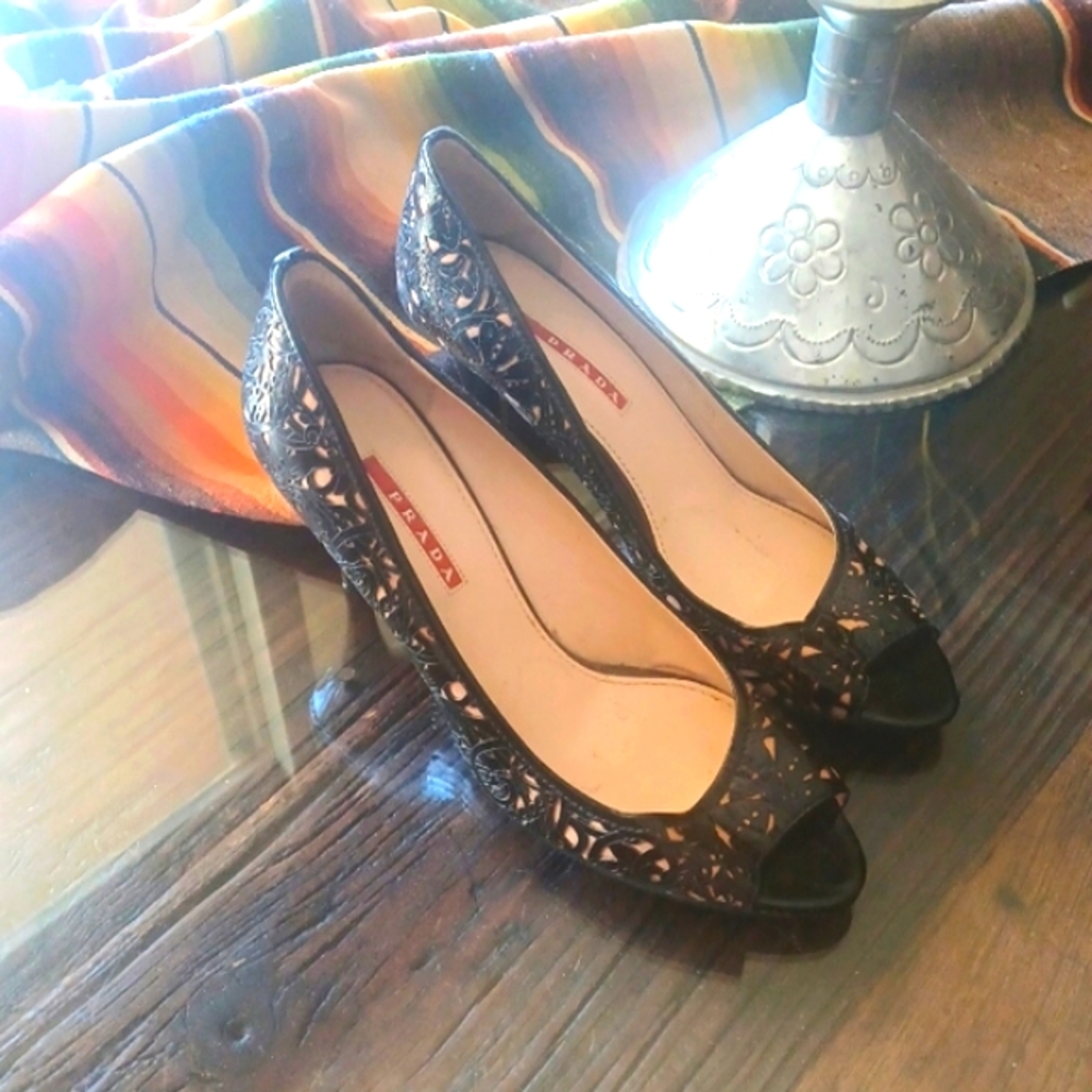 Prada Patent leather Laser Cut Floral Design Peekaboo Heel